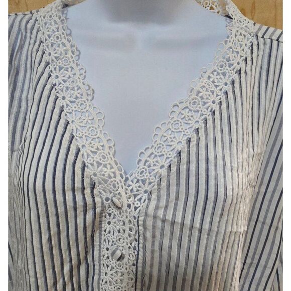 Chelsea & Theodore Womens Striped Lace-Trim Button-Down Tunic Top Size 2X Blue - Picture 4 of 5